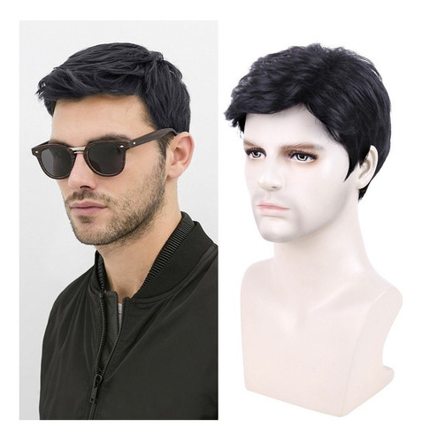 Imagen 1 de 9 de Peluca Para Hombre, Natural, Negra, De Fibra Corta, Para Hom