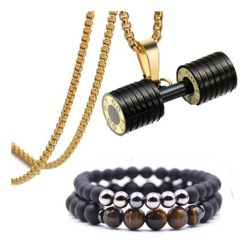 Kit Colar Anilhas Pesos Maromba Academia + Pulseiras Pedras