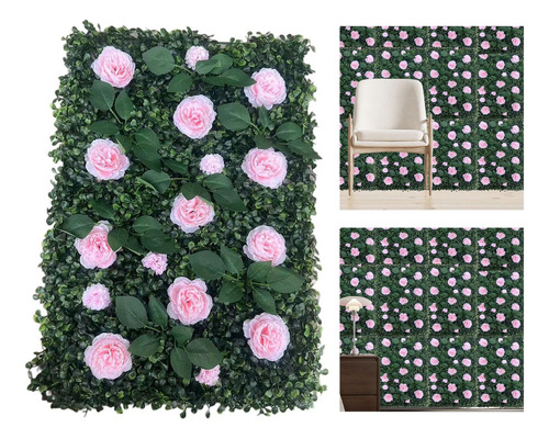 Panel De Pared De Césped Artificial Con Flores Panel Rosa