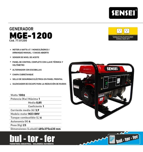 Imagen 2 de 5 de Generador Grupo Electrogeno Sensei 1000w Mge-1200