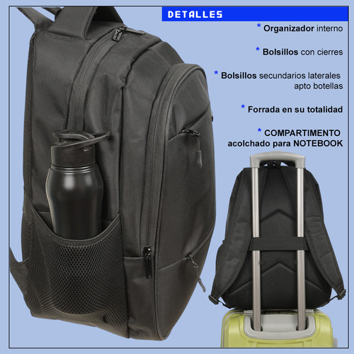 Mochila Gremond Porta Notebook Urbana Equipaje Viaje Olimpia Negro Lisa