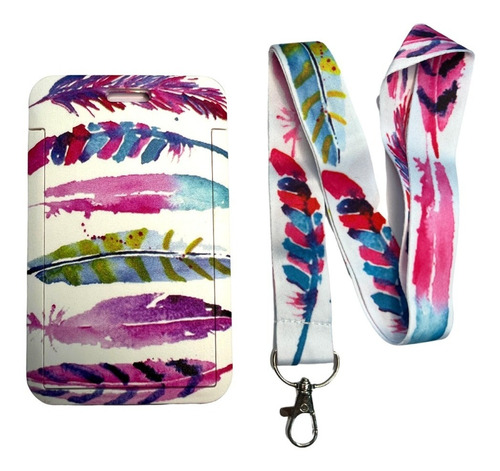 Porta Credencial Con Lanyard Blanco Plumas Acuarela Colores