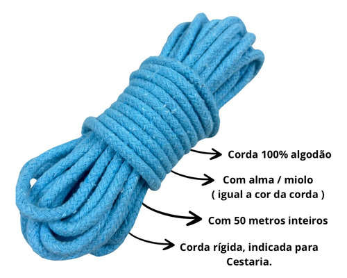 Corda Cordão De Algodão Colorida 8mm Com 50 Metros Com Alma