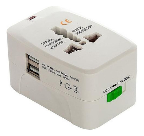 Adaptador De Tomada Universal Com 2 Usb Viagem + 150 Países 110V/220V