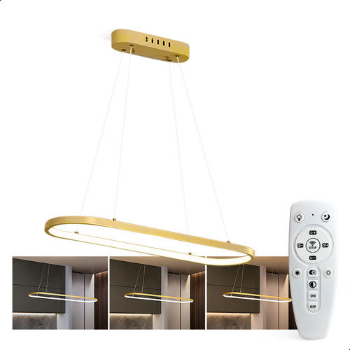 Pendente Led Oval Dourado Quarto Cozinha Mesa Controle 3 Tons Dimmer Moderno Forro Gesso Bancada Casa Attract 4x4sc