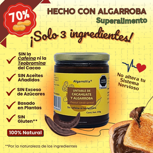 Crema Cacahuate Algarroba 2 Frascos 250g Untable S/cafeína