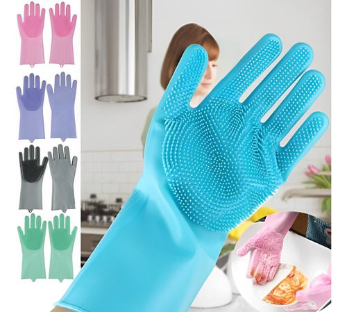 Par De Guantes Silicona Esponja Limpieza Cocina Mascotas Celeste
