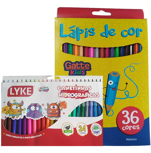 Kit Escolar 36 Lápis De Cor 24 Canetinha Infantil Papelaria