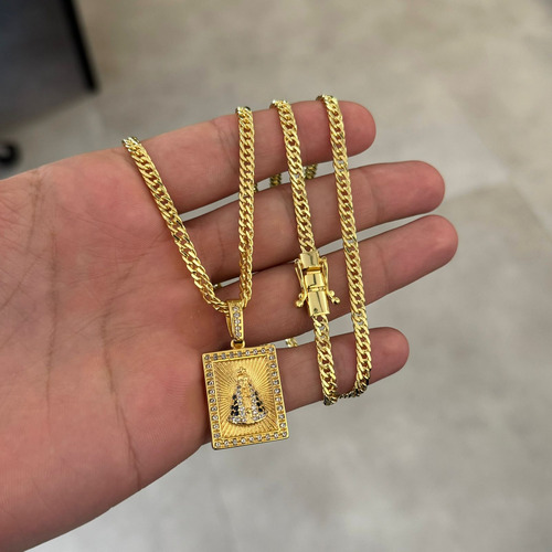 Corrente Masculina + Nossa Senhora Cravejada Ouro Banhado