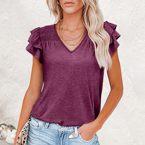 Blusa De Manga Corta A La Moda Con Cuello En V De Verano