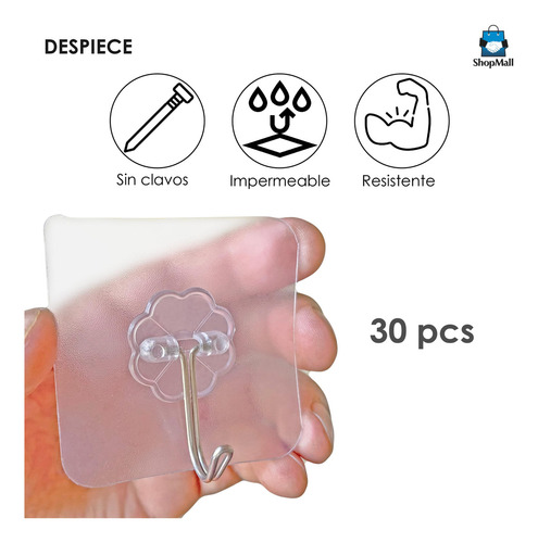 30 Ganchos Adhesivos Transparentes Impermeable Soporta 15kg Color Transparente