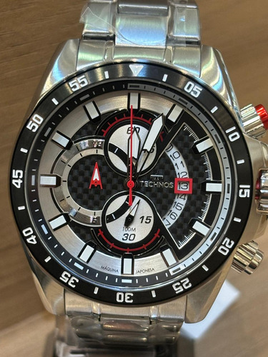 Relógio Technos Masculino Carbon Bicolor - Os1abo/1p Correia Prata Bisel Preto