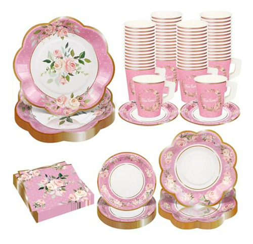 Set De Fiesta De Té Floral Para 25 Tazas Con Asa Y Platos De