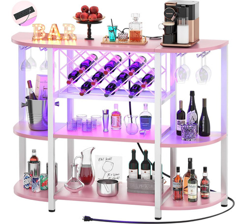 Gabinete De Bar C/luz Led Y Estante Para Vino; Rosa