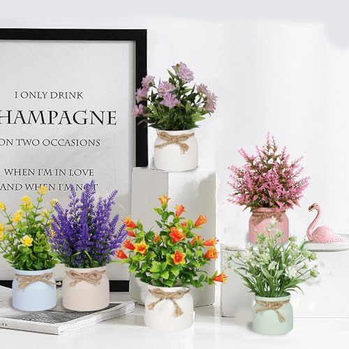 6 Piezas De Flores Artificiales En Maceta Pequeñas Plantas F