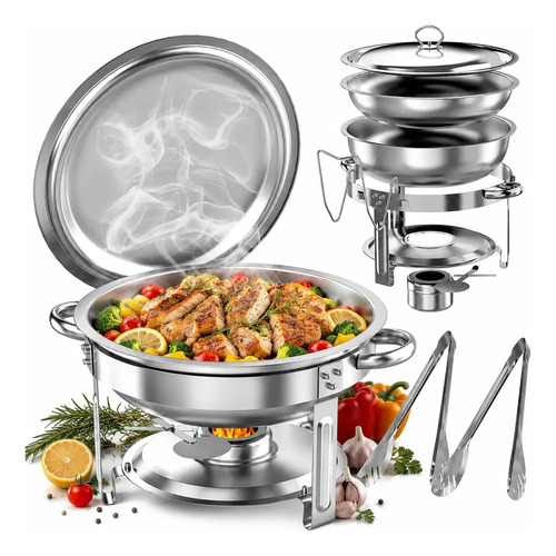 Rechaud Redondo 6 Litros Aço Inox com Queimador a Álcool Buffet Profissional Banho Maria Aquecedor de Alimentos para Restaurante Hotel Ca...
