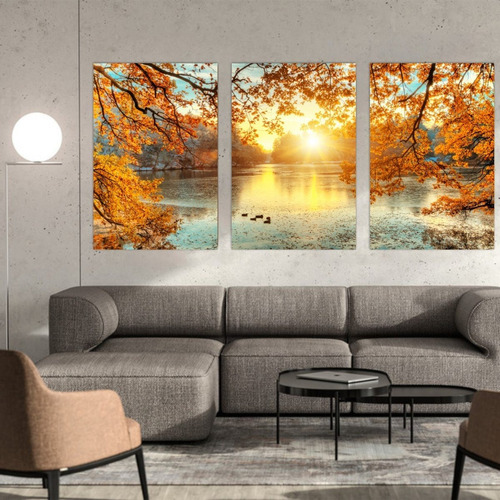 Imagem 4 de 9 de Quadro Mosaico Lago Nascer Do Sol Para Sala Quarto Plantas