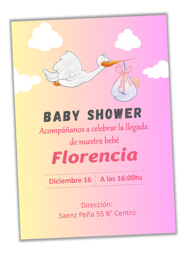 Invitación Baby Shower Niña Cigüeña Editable Imprimible Mod2