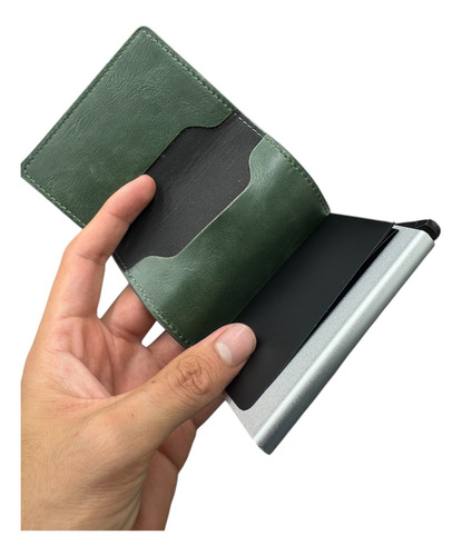 Tarjetero Inteligente Rfid Aluminio Con Cuero Sintético Verde Oscuro