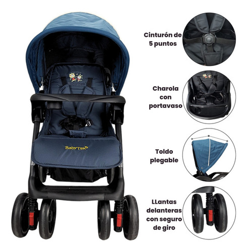 Carriola Gemelar Para Bebe Ruedas Con Freno Plegable Reclina Color Azul Chasis Gris