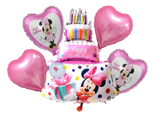 Kit 5pzas Globos Metalico De Minnie Mouse Pastel 