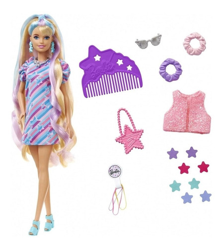Boneca Barbie Totally Hair Vestido Estrelado Cabelo Colorido