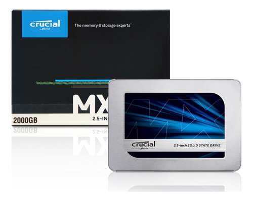 SSD. SATA 2.5 de 2 TB, 6 Gb/s, 560 MB/s, RAM Crucial, 510 MB/s, color plateado