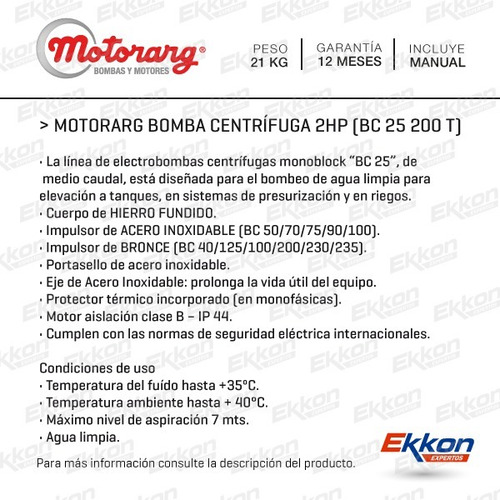 Bomba Centrifuga Motorarg 2 Hp Elevadora De Agua Bc 25 200