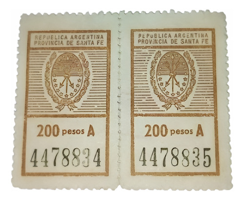 Par De Estampillas Fiscales Santa Fe Argentina 200 Pesos A