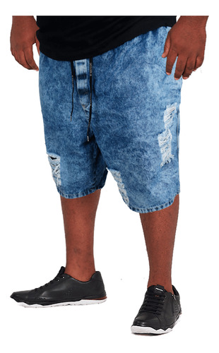 Bermuda Cós Elástico Jeans Destroyed Plus Size Extra Grande