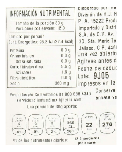 Heinz Kétchup Sin Azúcar Añadida 369 G. (6 Pzs.)