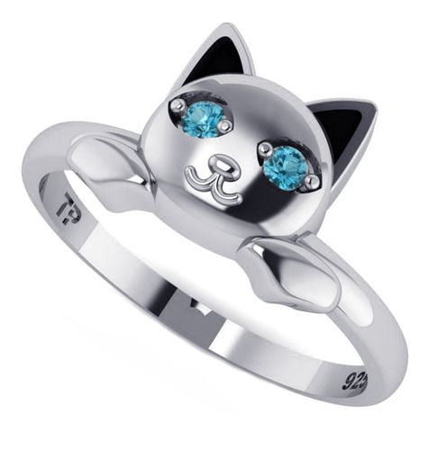 Imagem 2 de 5 de Anel Gatinho Olhos Topázio Azul Pura Prata 925 - Exclusivo