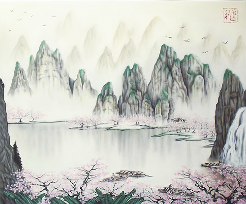 Quadro Paisagem Oriental Sakura Óleo Pintado À Mão 40x50cm