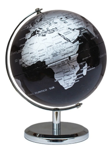 Globo Terráqueo 14cm Negro Y Plata Base Y Meridiano Metálico