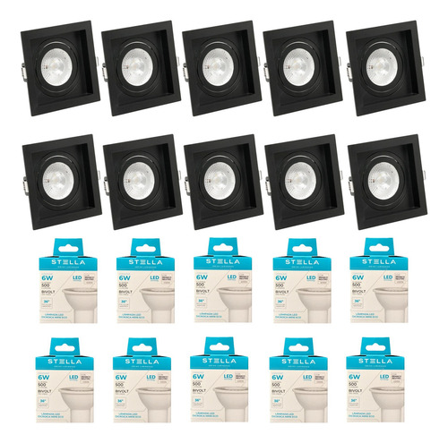 Kit 10x Spot Embuitr Recuado Quadrado + Led 6w Stella Estrutura Preto - Branco Neutro 127/220v