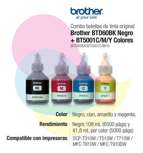 Imagen 2 de 10 de Tinta Brother Btd60 Negro + Bt5001 Color T310 T510 T710