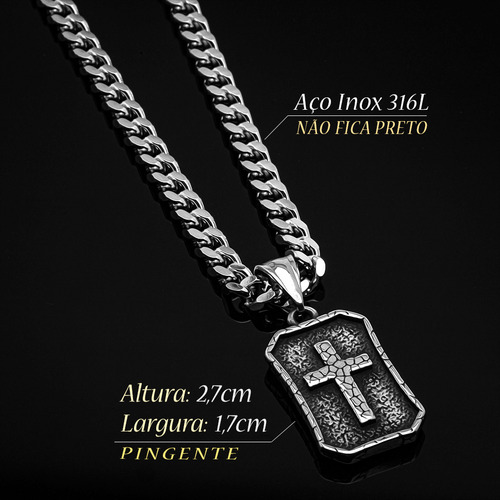 Corrente Colar Placa Cruz Masculino J-1433 Aço Inox Prata
