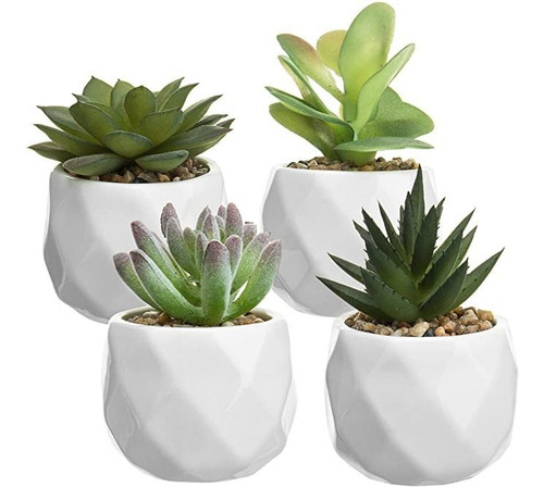 Mygift Mini Faux Suculent Plants In Faceted Ceramic Planter