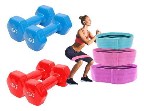 Pack Fitness Bandas Elásticas X3 + 2 Mancuernas 4 Kg C/u