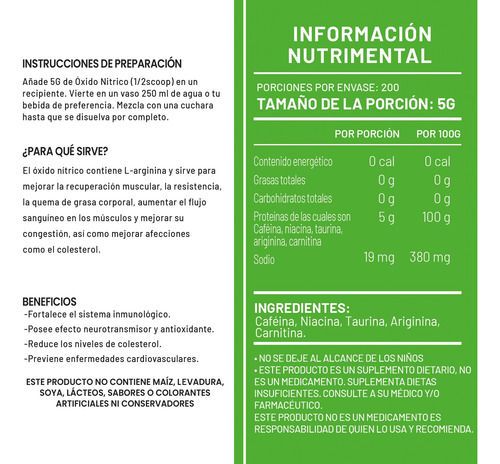 Óxido Nítrico 1kg Green Pre Entreno 200 Servicios Limón