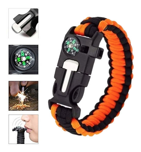 Pulseira Paracord Militar Laranja Apito Bussola Pederneira