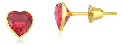 Brinco De Ouro 18k Coração Pedra Zircônia Cristal 5mm Cor Rubi