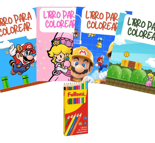 Pack 4 Libros Para Colorear Mario Bros Y Lápices De Colores