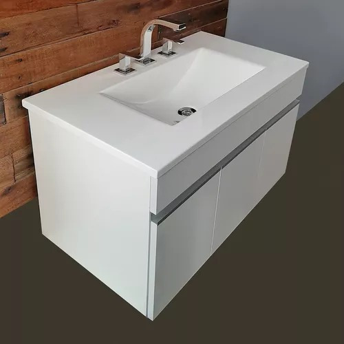 Vanitory Blanco Colgante Con Bacha Marmol Sintetico 80 Cm Para Baño