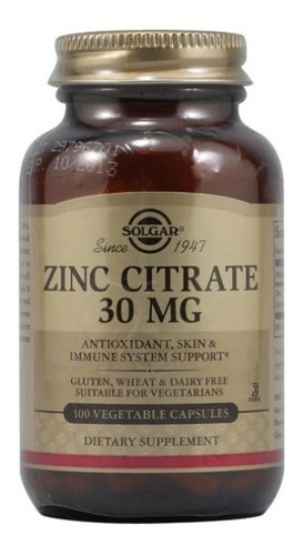 Citrato Se Zinc Solgar 30mg 100 Cápsulas Vegetales 