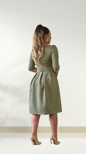 Vestido Godê Mídi Suede Com Cinto Moda Evangélica