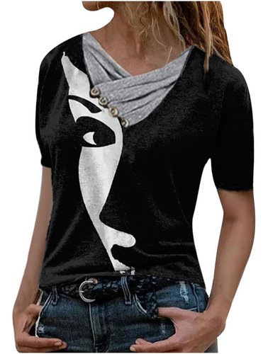 Mujer Tops Estampados Con Cuello En V Y Botones De Manga Cor