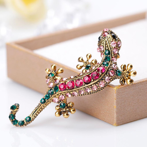 Rhinestone Gecko Animal Pattern Pins Colorful Crystal Collar