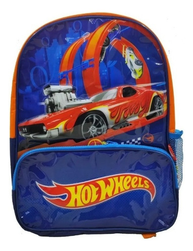 Mochila Infantil Espalda 16 PuLG Auto Hot Wheels Color Azul Diseño De La Tela Estampada