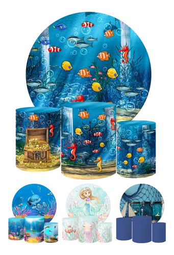 Kit Painel Redondo E Capas Tecido Sublimado 3d Fundo Do Mar Cor Fkpc-2522